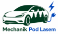 logo Mechanik Pod lasem tekst na dole obrazka. logo z samochodem, na którym jest motyw drzew oraz wtyczka i piorun sugerujący samochody elektryczne.
